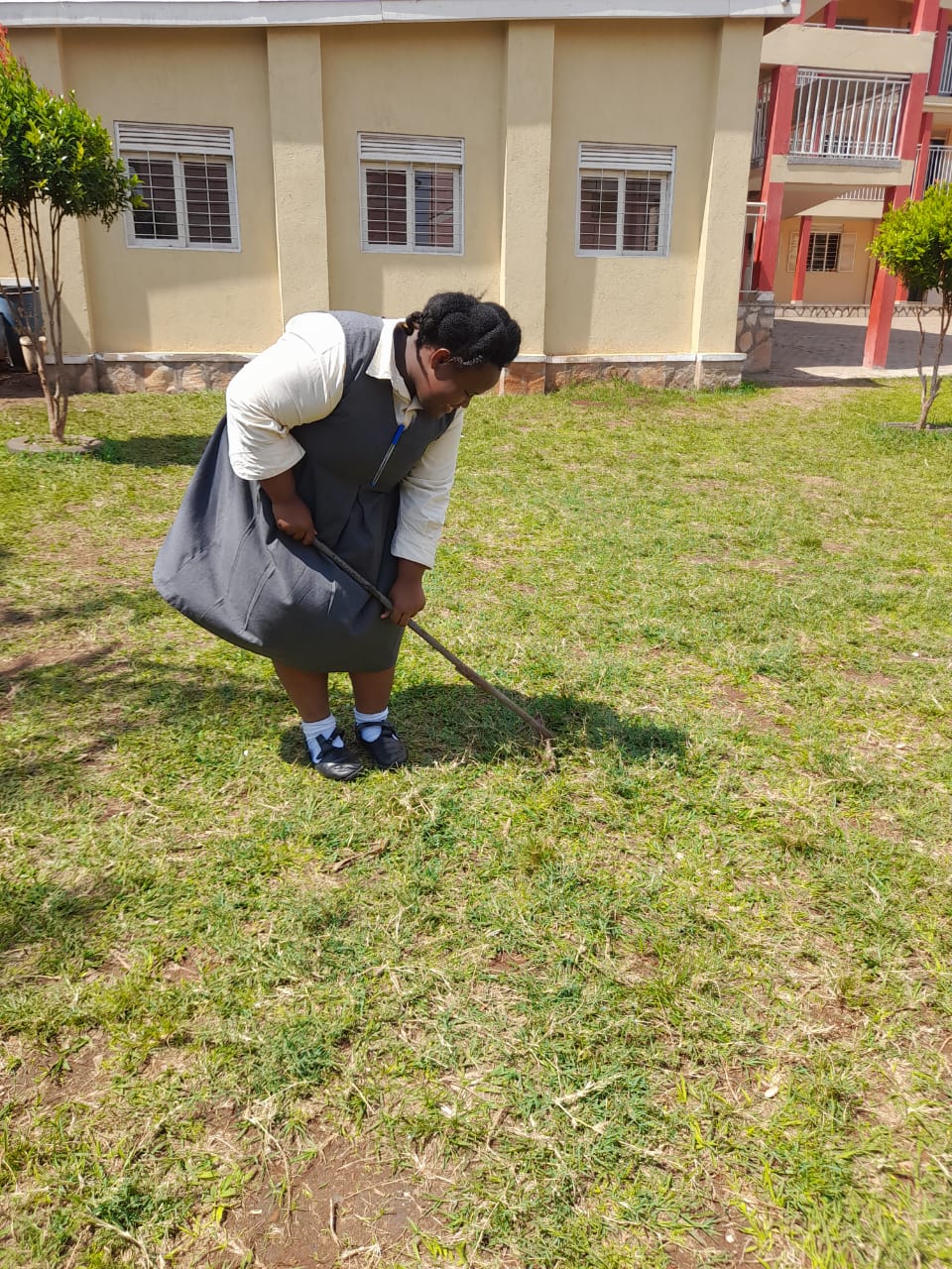 Prenisha, used a rake to gather leaves and other loose materials on the ground.